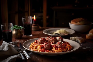 Wall Mural - plate of spaghetti and meatballs in warm, cozy setting, created with generative ai