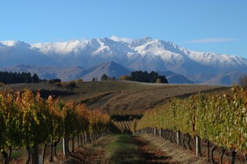 Sticker - vineyard surrounded by mountains, with a single peak visible in the distance, created with generative ai