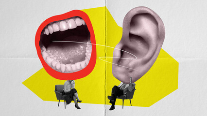 Woman endlessly talking to man listening with attention. Psychology and inner world. Contemporary art collage. Concept of communication, assistance, cooperation. Creative design