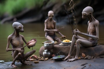 Wall Mural - alien family, fishing and cooking their catch for dinner on riverbank, created with generative ai
