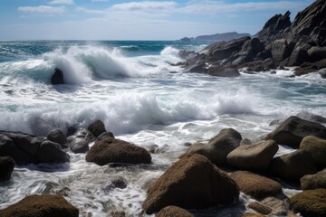 Poster - sea waves crashing onto the rocks at a rocky seashore, created with generative ai