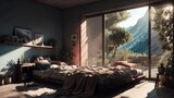 Fototapeta  - Modern Dark Bedroom With Wall Decor Illustrated With Modern Technology. Generative AI