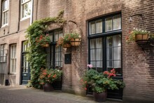 Exposed Brick Exterior With Traditional Shutters And Hanging Baskets In The Window, Created With Generative Ai