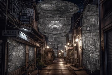 Poster - extraterrestrial art piece featuring intricate pattern and symbols in the streets of futuristic city, created with generative ai