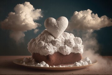 Poster - heart-shaped brownie surrounded by a cloud of fluffy marshmallow, created with generative ai