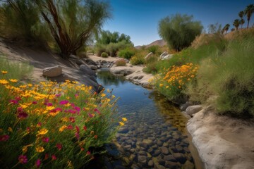 Wall Mural - desert oasis with babbling brook and colorful flowers, created with generative ai