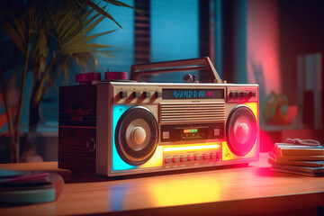 Wall Mural - a retro vintage stereo music boom box, neon vaporwave color mood in a chill iliving room, generative ai illustration set