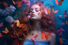 Portrait Of A Redhead   Woman Sleeping And Dreaming In A Bucolic Scene Surrounded By Butterflies, Alone Generative Ai Illustration