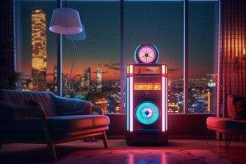 Wall Mural - a retro vintage stereo music jukebox, neon vaporwave color mood in a chill iliving room, generative ai illustration set