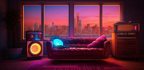 a retro vintage stereo music boom box, neon vaporwave color mood in a chill living room, generative ai illustration set