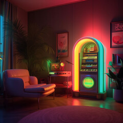 Wall Mural - a retro vintage stereo music jukebox, neon vaporwave color mood in a chill iliving room, generative ai illustration set