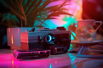 Wall Mural - a retro vintage camera picture, neon vaporwave color mood in a chill living room, generative ai illustration set