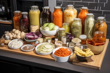 Sticker - fermented foods display with ingredients and tools for making pickles, kimchi, sauerkraut, and more, created with generative ai