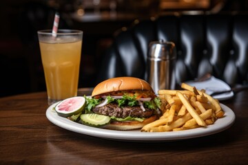 Wall Mural - plate of classic burger, crispy french fries, and refreshing glass of lemonade, created with generative ai