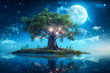 Fantasy Tree on an Island. Generative AI.
A digital painting of a fantasy tree on an island at night.