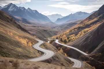 Poster - scenic highway winding through mountain range, with peaks in the background, created with generative ai