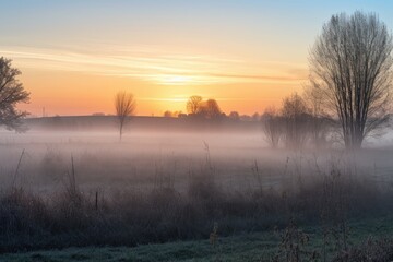 Poster - morning mist, covering rolling meadows and the sun rising over the horizon, created with generative ai