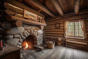 Sticker - cozy cabin retreat with warm fireplace and stack of wooden logs for the perfect cozy getaway, created with generative ai