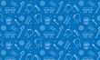Dentist, orthodontics blue seamless pattern with line icons. Dental care, medical equipment, braces, tooth prosthesis, floss, caries treatment, toothpaste. Health care background for dentistry clinic.