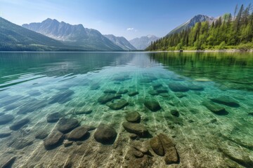 Sticker - crystal-clear lake, with view of towering mountains in the background, created with generative ai