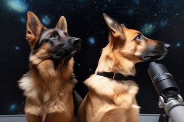 Wall Mural - feline and canine astronauts observing nebula with their space telescopes, created with generative a