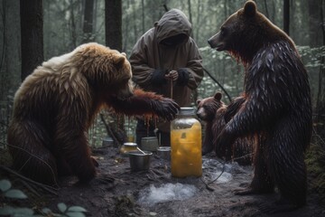 Canvas Print - alien, feeding honey to family of bears in the forest, created with generative ai