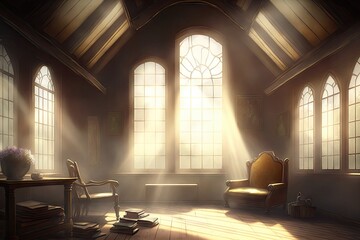 Canvas Print - a peaceful room, with rays of sunlight shining through the window and illuminating the room, created with generative ai