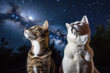 Wall Mural - feline and canine astronauts surveying the vast starry skies with their spacecraft in the background