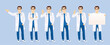 Male man doctor or nurse character set in different poses. Various gestures - standing, pointing, showing, talking on the phone, showing ok sign, holding empty blank board vector illustration