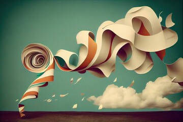 Poster - paper streamer being blown away in the wind, creating a whimsical effect, created with generative ai