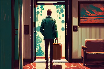 Poster - person, entering hotel lobby with suitcase in hand, ready for a vacation, created with generative ai