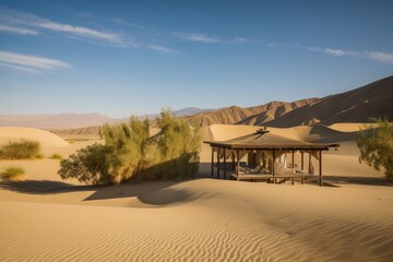 Wall Mural - peaceful oasis surrounded by soaring dunes and sunbaked peaks, created with generative ai