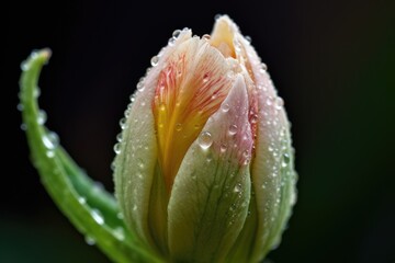 Wall Mural - close-up of blooming flower bud, with dew drops still on the petals, created with generative ai