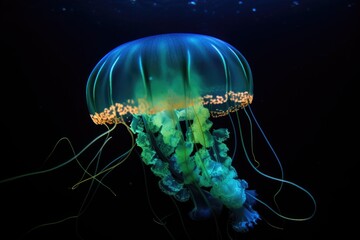 Wall Mural - ethereal glow of bioluminescent jellyfish in the deep-sea, created with generative ai