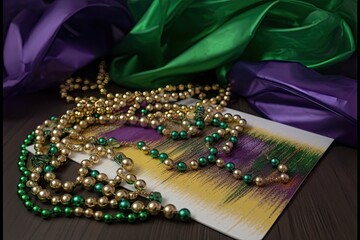 Wall Mural - mardi gras card featuring traditional king cake with purple, green, and gold beads, created with generative ai