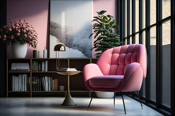 Sticker - a pink armchair in a modern, sleek office setting, created with generative ai