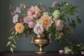 Poster - bouquet of pastel flowers in gold vase, created with generative ai