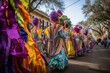 mardi gras parade marching down the street, with colorful floats and costumes, created with generative ai