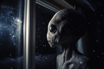 Wall Mural - alien life form, looking out of window at starry night sky, created with generative ai