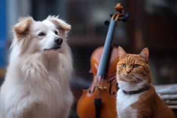 Sticker - dog is the lead violinist in an orchestra, with a cat playing the flute, created with generative ai