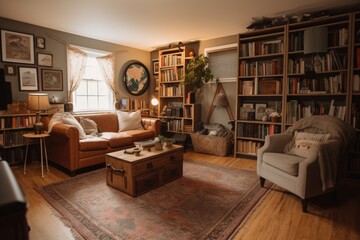 Poster - crammed but cozy living room, filled with books and learning tools for homeschooling family, created with generative ai