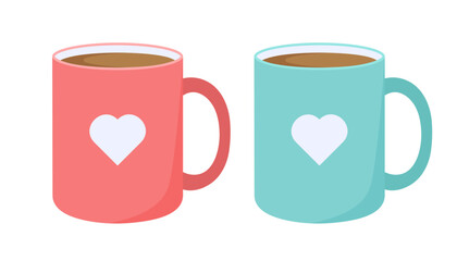 Paired mugs. Pink and blue coffee mugs. Ceramic mugs with hearts. Isolated on white background.	
