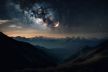 Canvas Print - night sky with stars and crescent moon over mountain range, created with generative ai