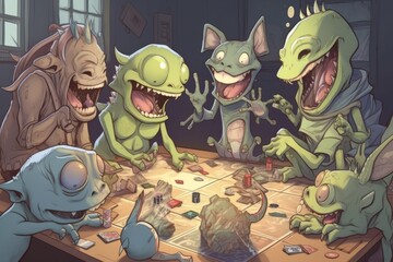 Wall Mural - group of aliens playing a board game and laughing together, created with generative ai