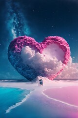 Romantic blue ocean, sparkling snow beach, pink rose on the beach, dark blue love shaped beach, lovers  embrace, pink heart cloud, Milky Way, meteor, many sparkling small creatures, pink and purple ro