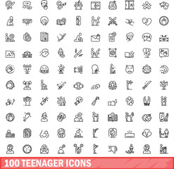 Sticker - 100 teenager icons set. Outline illustration of 100 teenager icons vector set isolated on white background