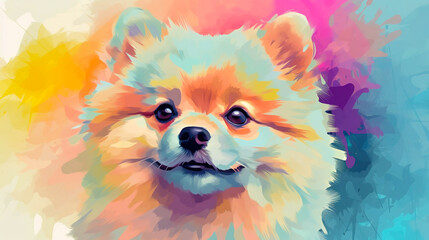 Wall Mural - Pomeranian dog face vector illustration in abstract mixed grunge colors digital painting in minimal graphic art style. Very cute small dog. Digital illustration generative AI.	