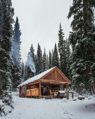 Wooden building of shelter with igniting a fireplace and sale bakery and beverage in Lake O'hara