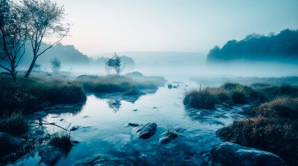 A silver misty lake at dusk, an unspoiled natural landscape
