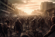 Horde Of Zombies Dead Walking In A Destroyed City After Infection With Virus And End Of The World Of The Alive People.